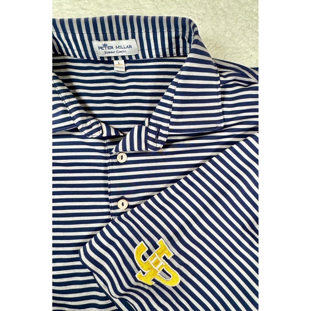 Peter‎ Millar Polo Shirt Mens Large Navy White Striped Summer Comfort JP II Logo